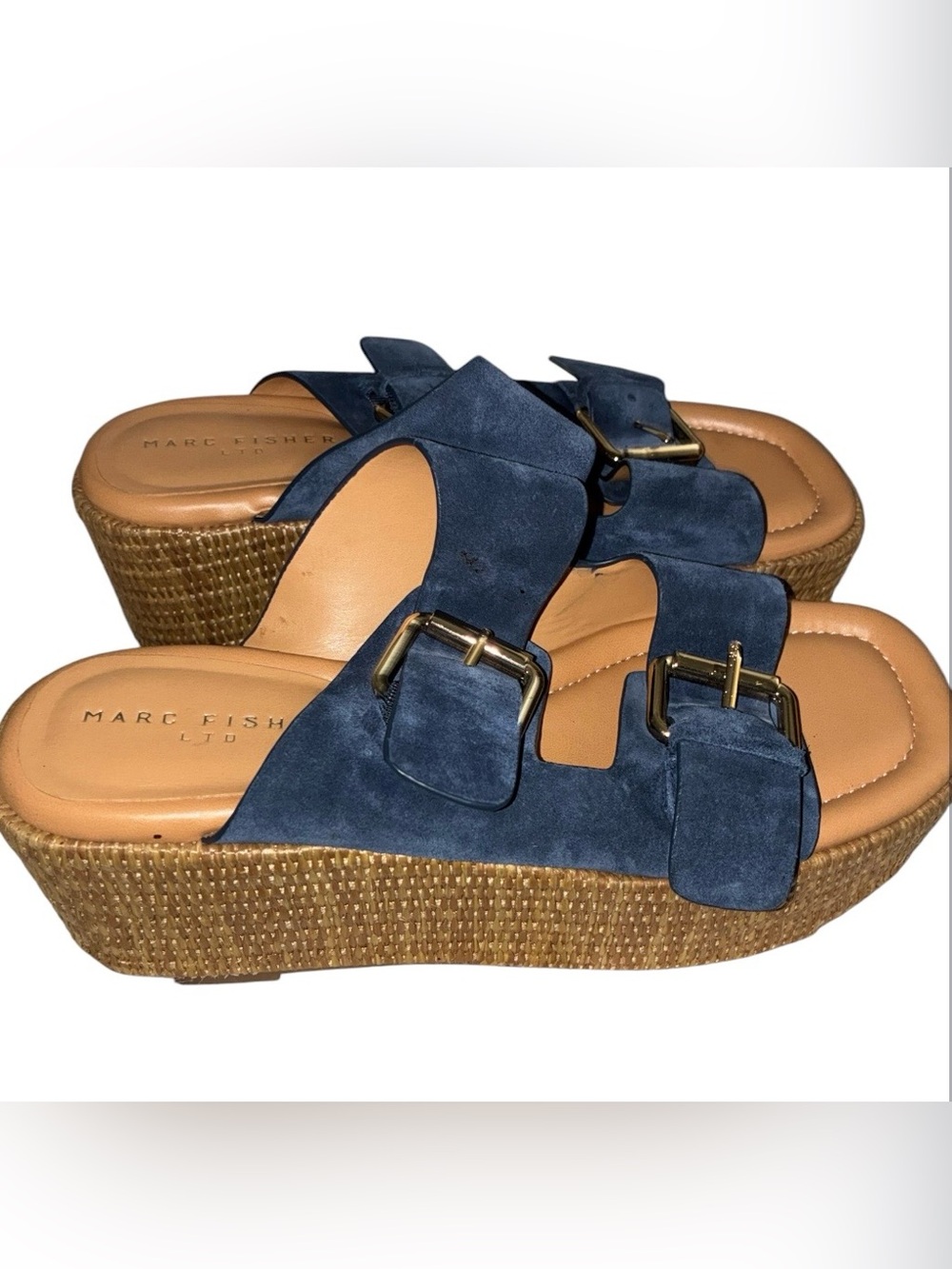 Like New Marc Fisher Navy Suede Wedge Slide Sandals with Buckles Sz 8.5 M